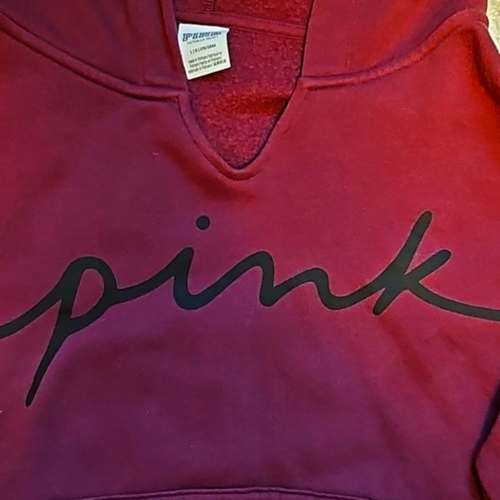 Victoria's Secret PINK Dark Maroon w/ Black Writing Cropped Hoodie.
